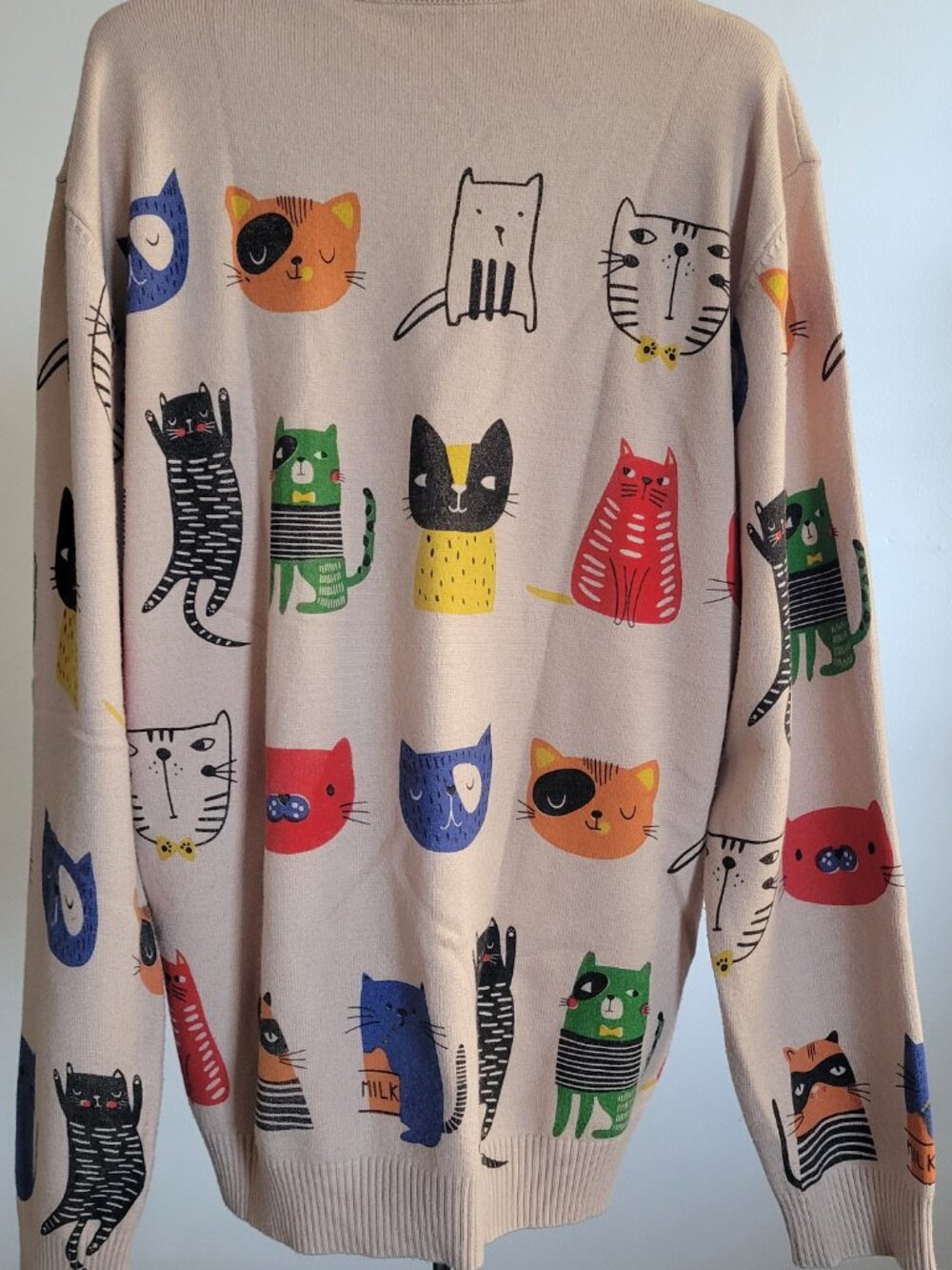 Shein Women's Large Cat Sweater Beige Multicolor Kitty Print Long Sleeve Pullove - Picture 3 of 15